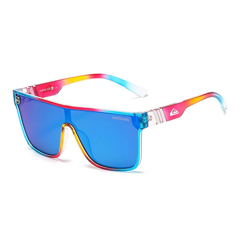 Colorful oversized sports goggles with anti-reflective blue lenses and UV400 protection, perfect for beach and sun activities.